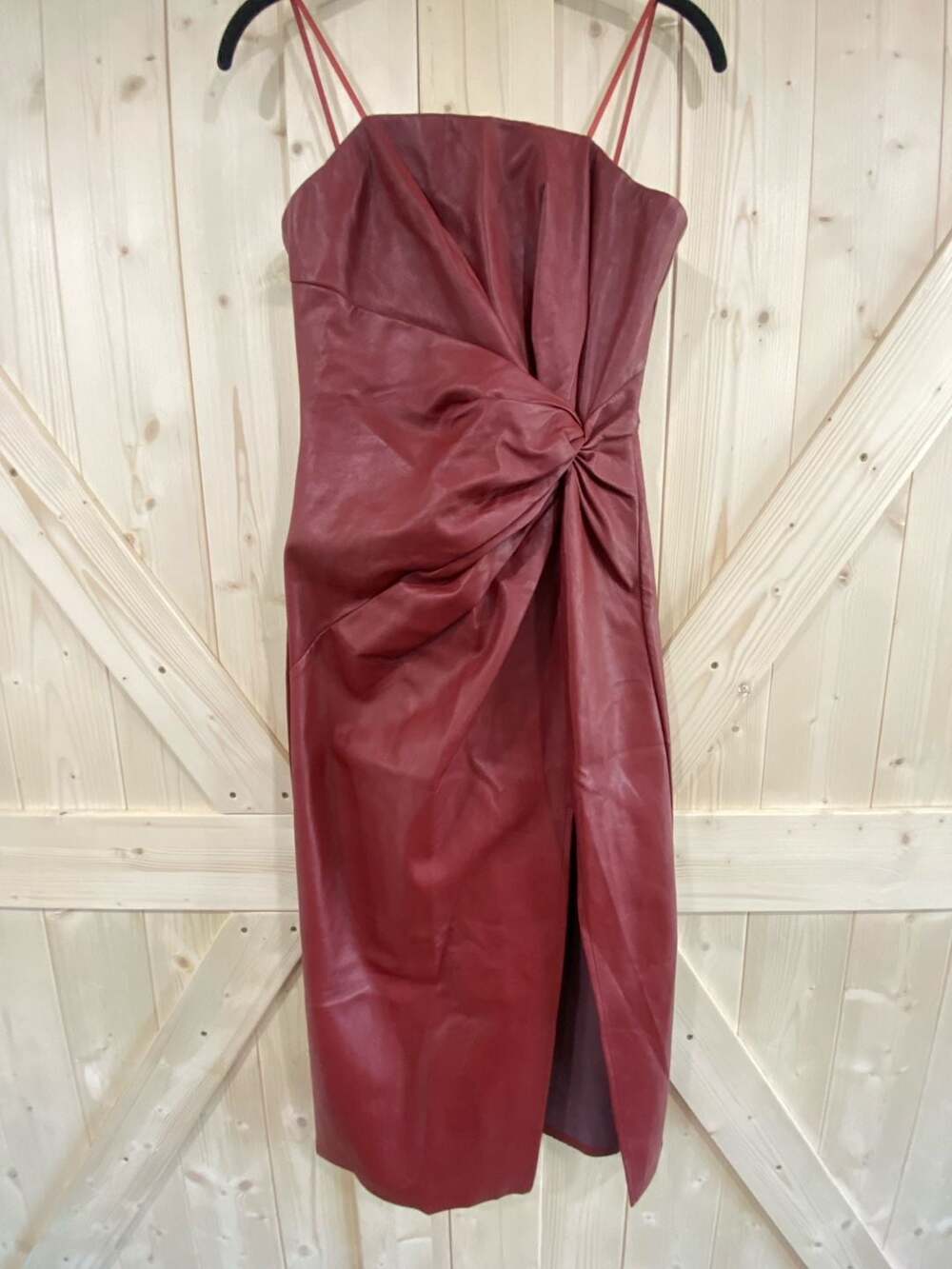 Do + Be Red Faux Leather Ruched Midi Dress with Front Slit size small